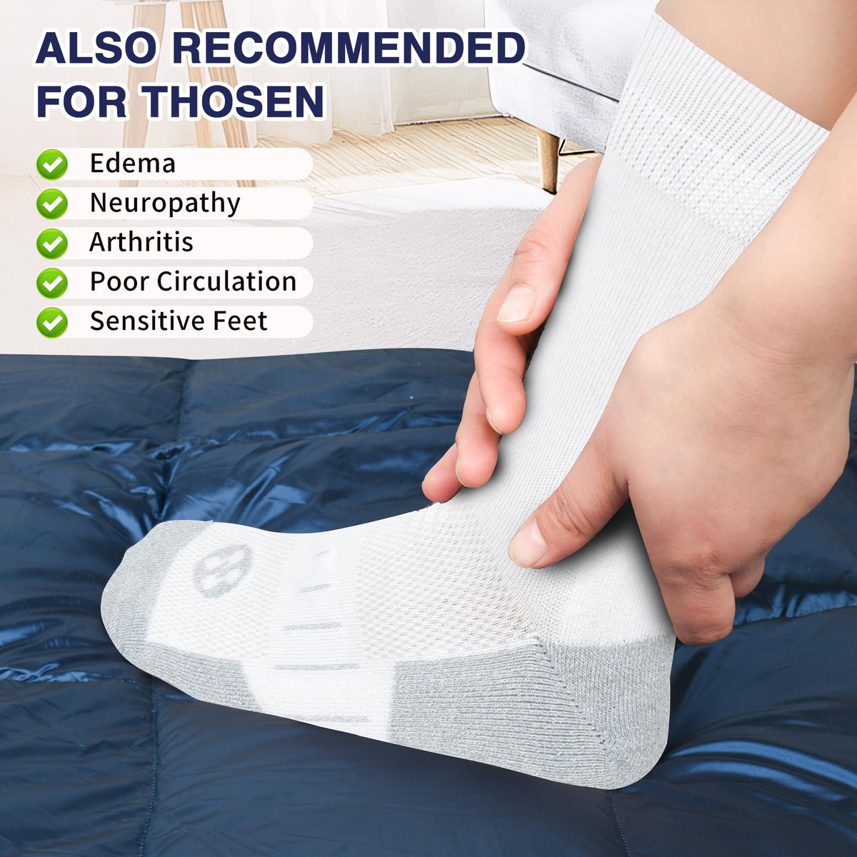 NOLUNT Diabetikersocken für Herren, 4 Paar nicht einschnürende, lockere, weite Socken mit hohem Bund für Herren, Größe 9-12, 10-13, 13-15 (Weiß, Large)