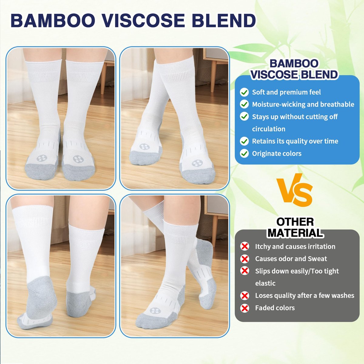 NOLUNT Diabetikersocken für Herren, 4 Paar nicht einschnürende, lockere, weite Socken mit hohem Bund für Herren, Größe 9-12, 10-13, 13-15 (Weiß, Large)