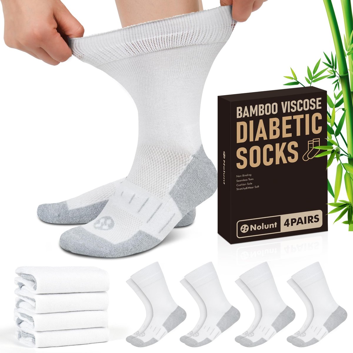 NOLUNT Diabetikersocken für Herren, 4 Paar nicht einschnürende, lockere, weite Socken mit hohem Bund für Herren, Größe 9-12, 10-13, 13-15 (Weiß, Large)