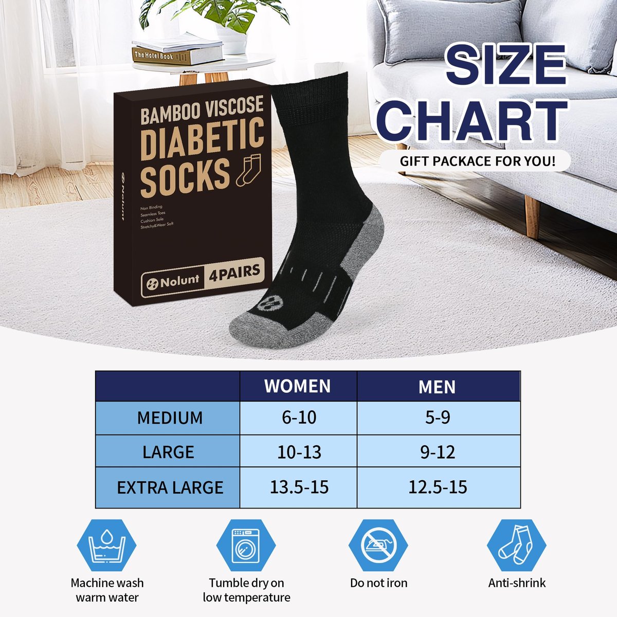 NOLUNT Diabetikersocken für Herren, 4 Paar nicht einschnürende, lockere, weite Socken mit hohem Bund für Herren, Größe 9-12, 10-13, 13-15 (Weiß, Large)