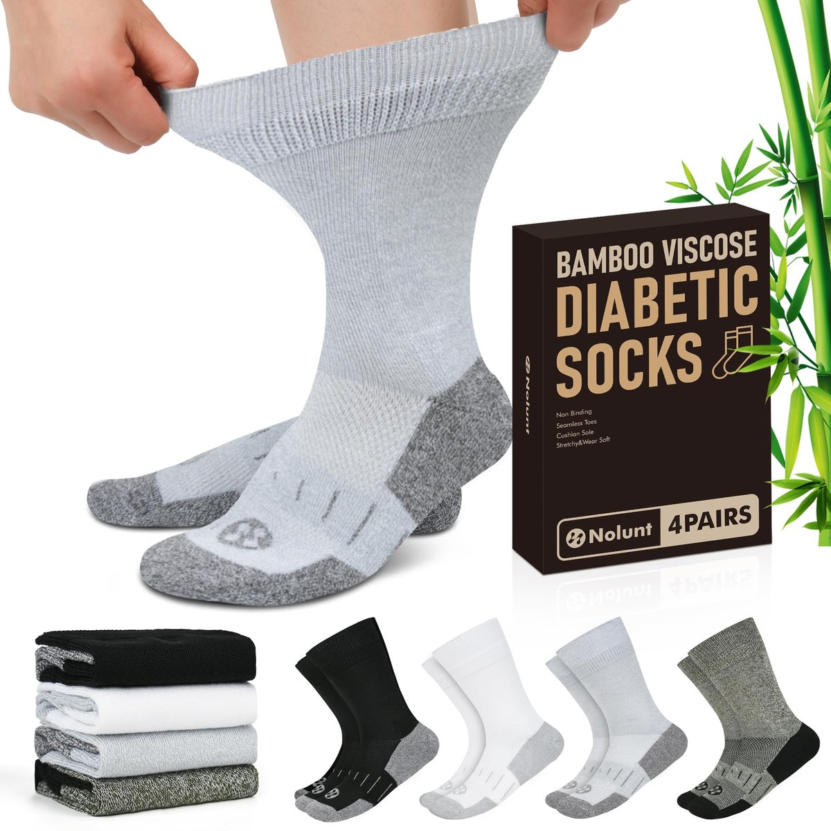 NOLUNT Diabetikersocken für Herren, 4 Paar, nicht einschnürend, lockerer breiter Bund, Socken für Herren Größe 9-12, 10-13, 13-15 (Weiß/Grau/Gelb-Cyan/Schwarz - Large)
