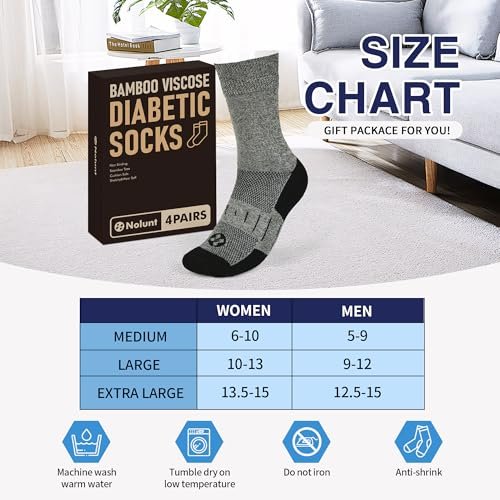 NOLUNT Diabetikersocken für Herren, 4 Paar, nicht einschnürend, lockerer breiter Bund, Socken für Herren Größe 9-12, 10-13, 13-15 (Weiß/Grau/Gelb-Cyan/Schwarz - Large)