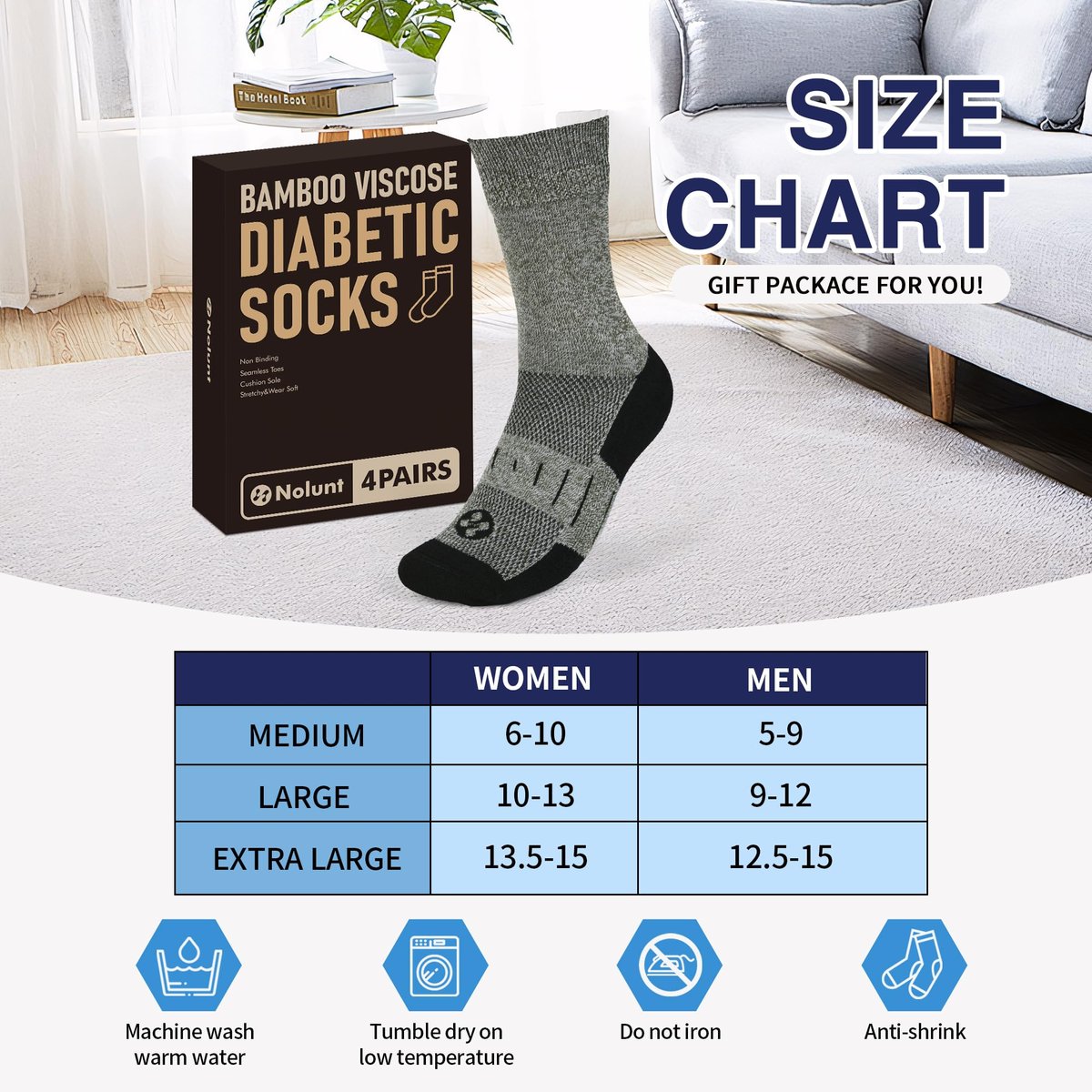 NOLUNT Diabetikersocken für Herren, 4 Paar, nicht einschnürend, lockerer breiter Bund, Socken für Herren Größe 9-12, 10-13, 13-15 (Weiß/Grau/Gelb-Cyan/Schwarz - Large)