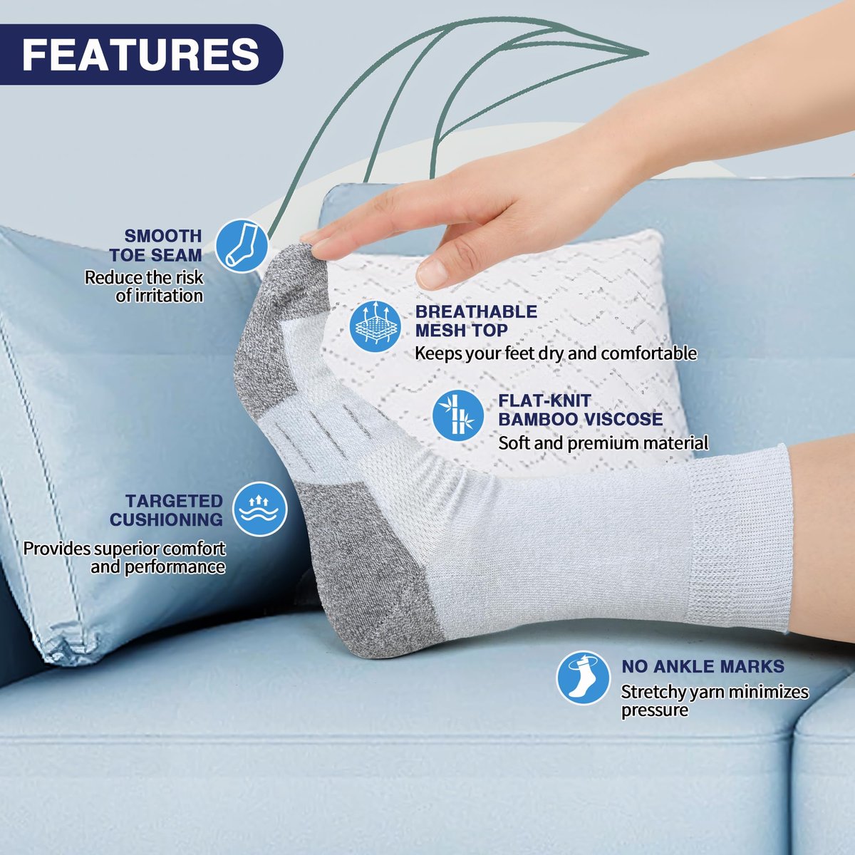 NOLUNT Diabetikersocken für Herren, 4 Paar, nicht einschnürend, lockerer breiter Bund, Socken für Herren Größe 9-12, 10-13, 13-15 (Weiß/Grau/Gelb-Cyan/Schwarz - Large)