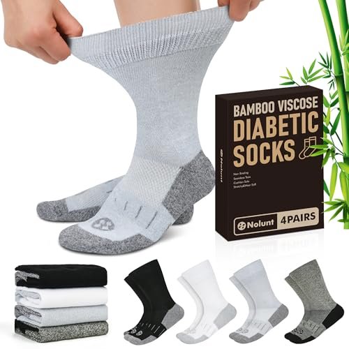 NOLUNT Diabetikersocken für Herren, 4 Paar, nicht einschnürend, lockerer breiter Bund, Socken für Herren Größe 9-12, 10-13, 13-15 (Weiß/Grau/Gelb-Cyan/Schwarz - Large)