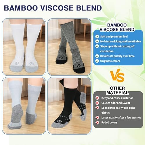 NOLUNT Diabetikersocken für Herren, 4 Paar, nicht einschnürend, lockerer breiter Bund, Socken für Herren Größe 9-12, 10-13, 13-15 (Weiß/Grau/Gelb-Cyan/Schwarz - Large)