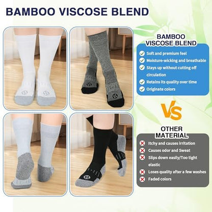 NOLUNT Diabetikersocken für Herren, 4 Paar, nicht einschnürend, lockerer breiter Bund, Socken für Herren Größe 9-12, 10-13, 13-15 (Weiß/Grau/Gelb-Cyan/Schwarz - Large)