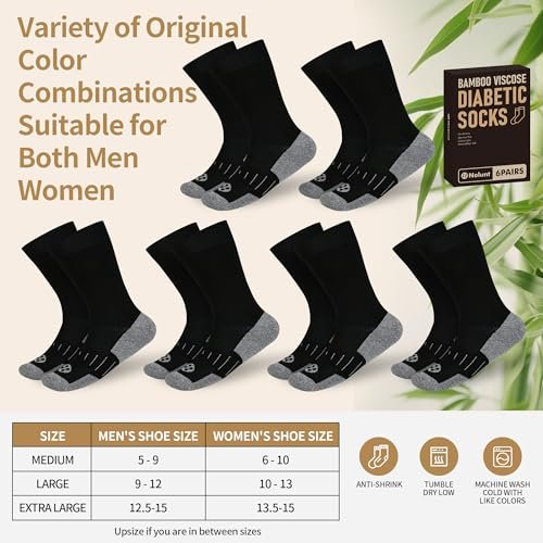 NOLUNT Diabetikersocken für Herren, 6 Paar, nicht einschnürend, für Neuropathie, Größen 9-12, 10-13, 13-15 (Schwarz, Large)