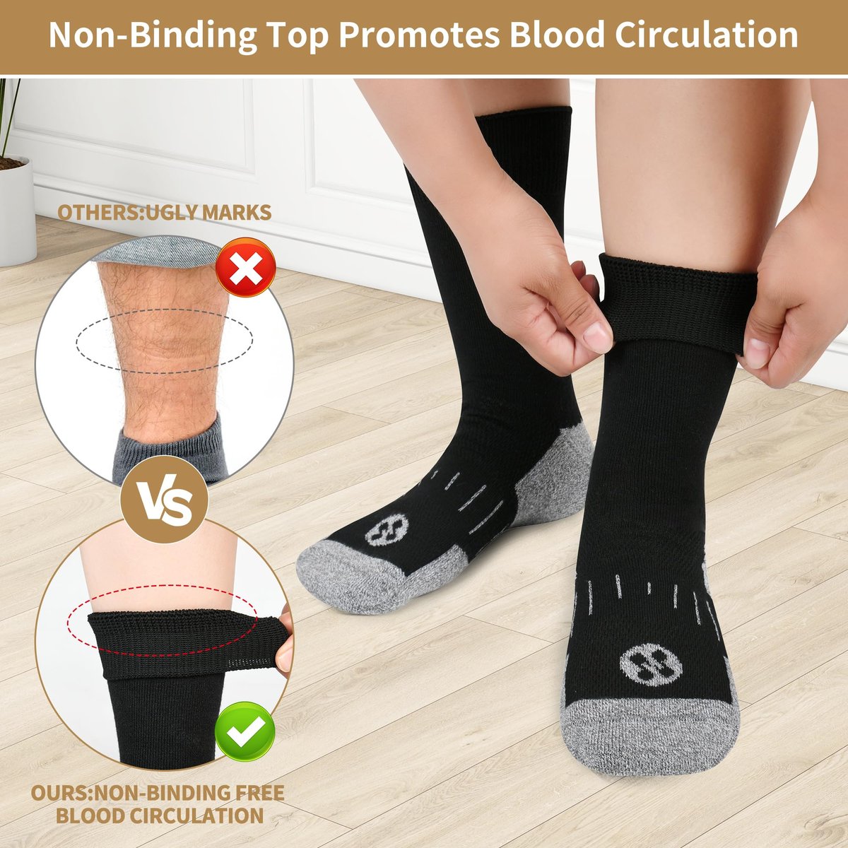 NOLUNT Diabetikersocken für Herren, 6 Paar, nicht einschnürend, für Neuropathie, Größen 9-12, 10-13, 13-15 (Schwarz, Large)