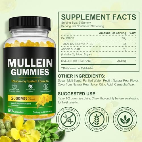 Nyloriaine Mullein Gummies für die Lunge – mit Mullein-Extrakt für Raucher – Unterstützt die Lungen- und Atemwegsgesundheit, beruhigt Halsreizungen, stärkt das Immunsystem – 60 Stück