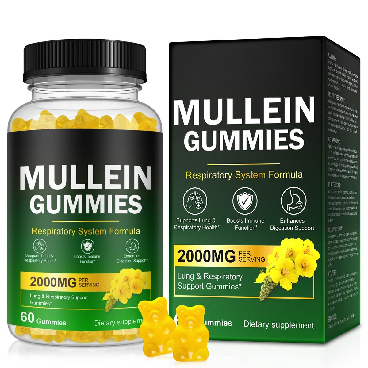 Nyloriaine Mullein Gummies für die Lunge – mit Mullein-Extrakt für Raucher – Unterstützt die Lungen- und Atemwegsgesundheit, beruhigt Halsreizungen, stärkt das Immunsystem – 60 Stück