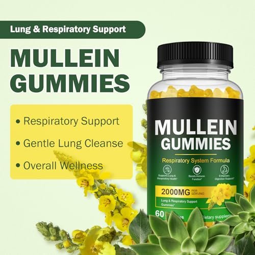Nyloriaine Mullein Gummies für die Lunge – mit Mullein-Extrakt für Raucher – Unterstützt die Lungen- und Atemwegsgesundheit, beruhigt Halsreizungen, stärkt das Immunsystem – 60 Stück