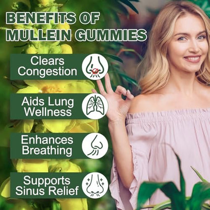 Nyloriaine Mullein Gummies für die Lunge – mit Mullein-Extrakt für Raucher – Unterstützt die Lungen- und Atemwegsgesundheit, beruhigt Halsreizungen, stärkt das Immunsystem – 60 Stück