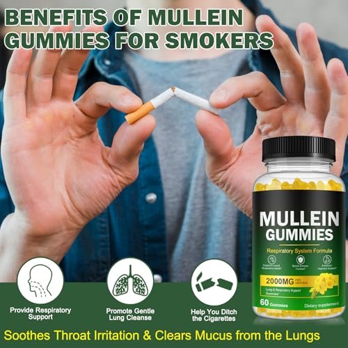 Nyloriaine Mullein Gummies für die Lunge – mit Mullein-Extrakt für Raucher – Unterstützt die Lungen- und Atemwegsgesundheit, beruhigt Halsreizungen, stärkt das Immunsystem – 60 Stück