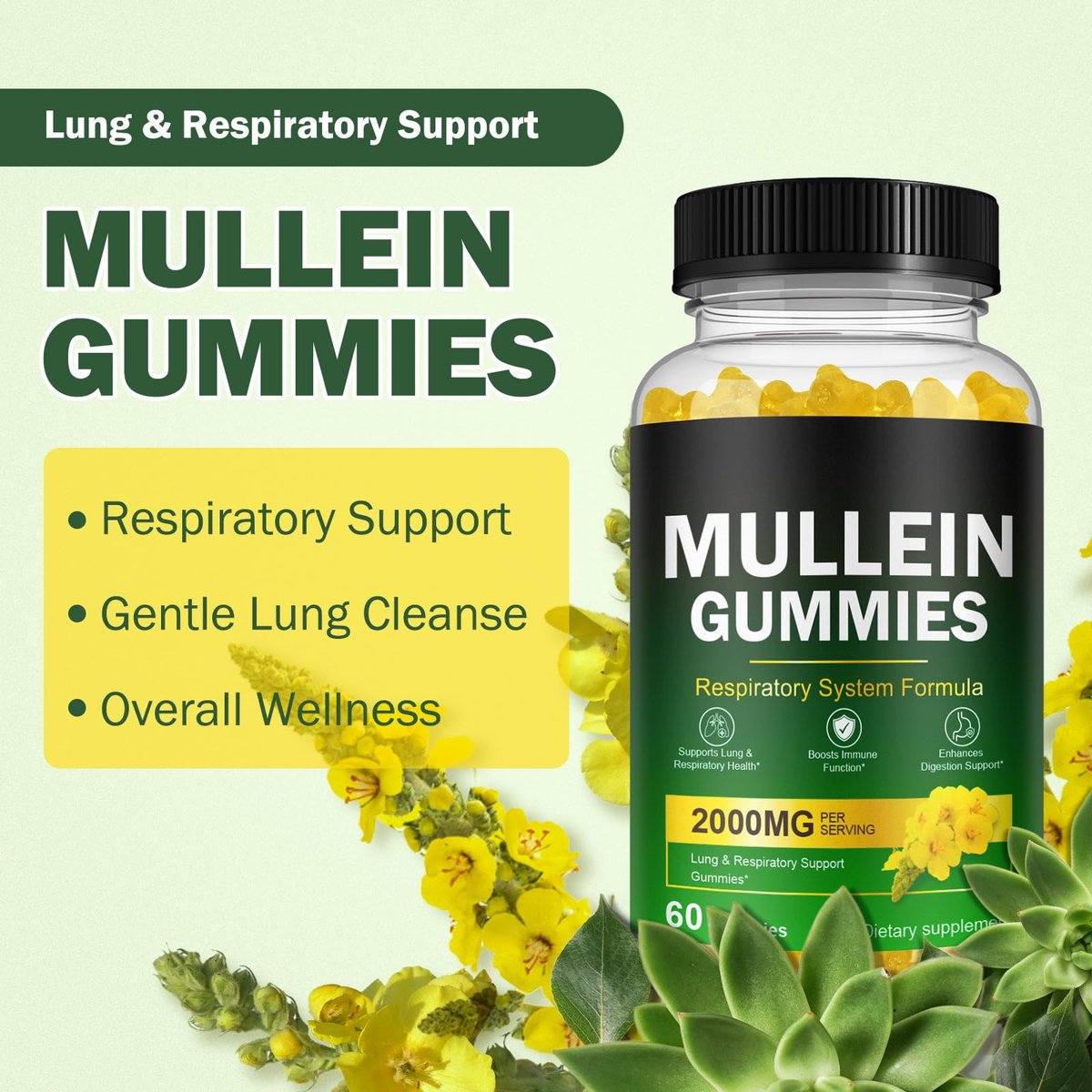 Nyloriaine Mullein Gummies für die Lunge – mit Mullein-Extrakt für Raucher – Unterstützt die Lungen- und Atemwegsgesundheit, beruhigt Halsreizungen, stärkt das Immunsystem – 60 Stück