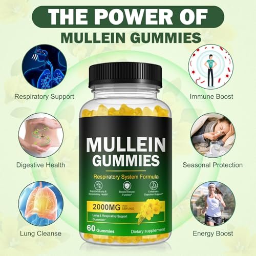 Nyloriaine Mullein Gummies für die Lunge – mit Mullein-Extrakt für Raucher – Unterstützt die Lungen- und Atemwegsgesundheit, beruhigt Halsreizungen, stärkt das Immunsystem – 60 Stück