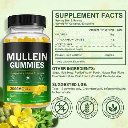 Nyloriaine Mullein Gummies für die Lunge – mit Mullein-Extrakt für Raucher – Unterstützt die Lungen- und Atemwegsgesundheit, beruhigt Halsreizungen, stärkt das Immunsystem – 60 Stück