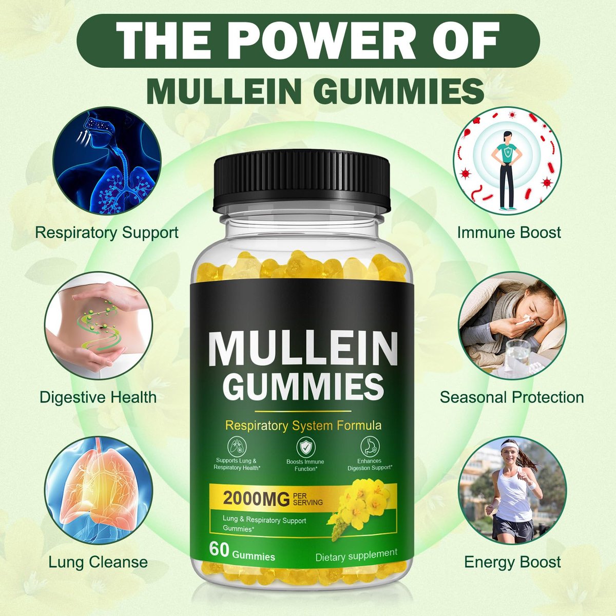 Nyloriaine Mullein Gummies für die Lunge – mit Mullein-Extrakt für Raucher – Unterstützt die Lungen- und Atemwegsgesundheit, beruhigt Halsreizungen, stärkt das Immunsystem – 60 Stück