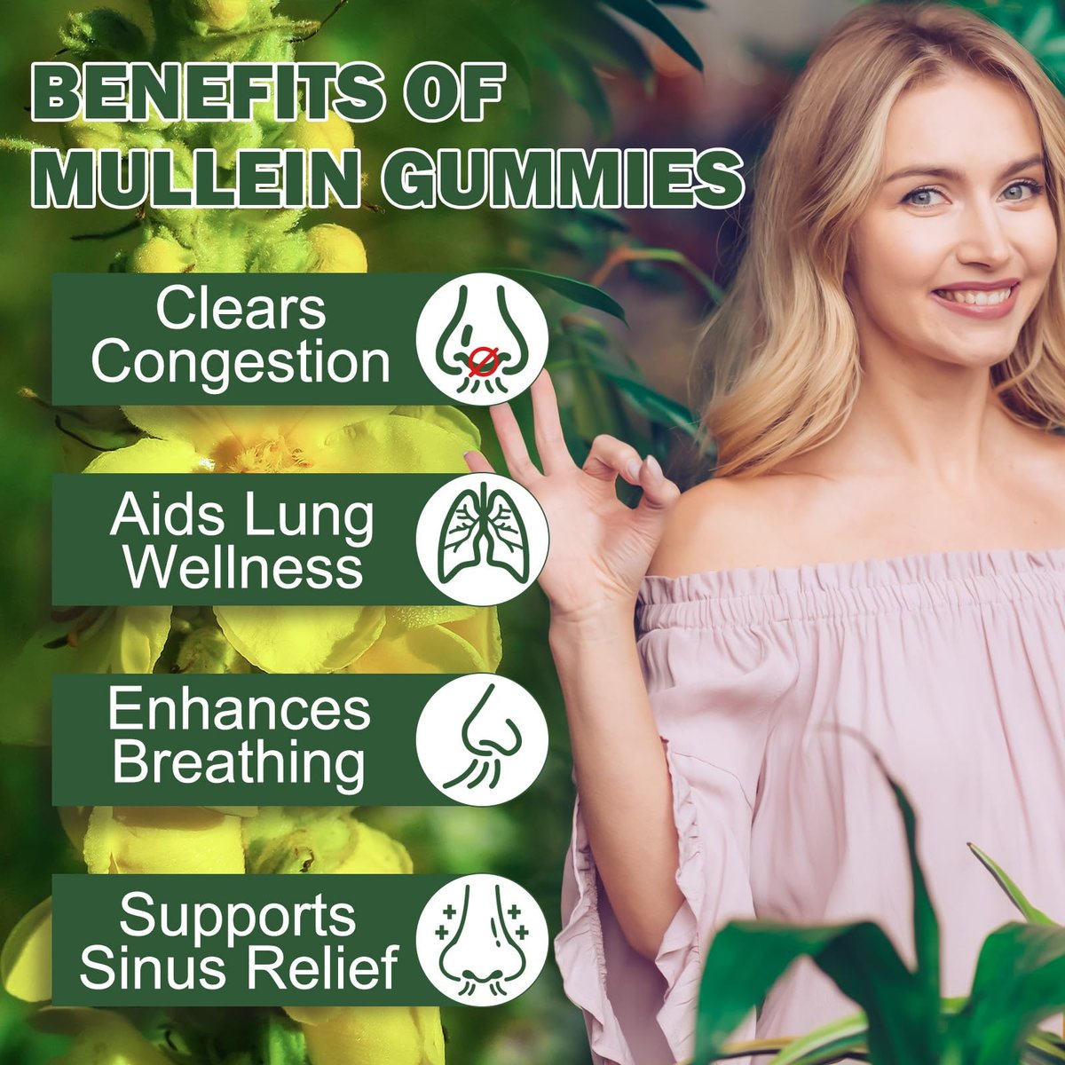 Nyloriaine Mullein Gummies für die Lunge – mit Mullein-Extrakt für Raucher – Unterstützt die Lungen- und Atemwegsgesundheit, beruhigt Halsreizungen, stärkt das Immunsystem – 60 Stück