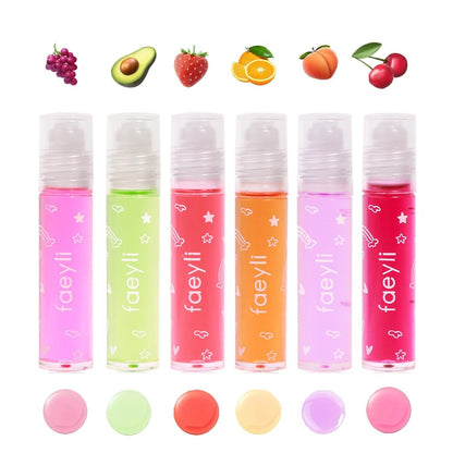 Bekoeen 6-teiliges Roll-On-Lippenglanz-Set, fruchtige Aromen, feuchtigkeitsspendendes Lippenöl, transparentes Lippenplumping, kinderfreundlich, Partygeschenk