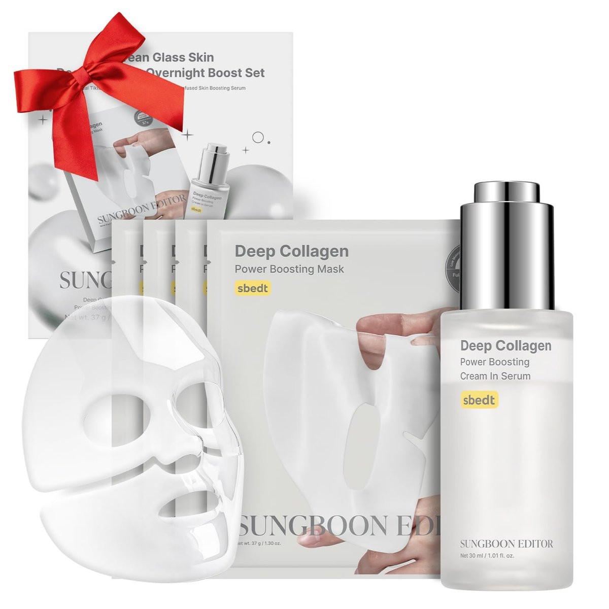 SUNGBOON EDITOR Rejuvenating Combo/Deep Collagen Boost Set | Gesichtsmaske (4 Stück) & Serum | Collagen & Volufiline Hautpflege-Set | Feuchtigkeitsspendende & straffend wirkende koreanische Hautpflege-Geschenke für Frauen