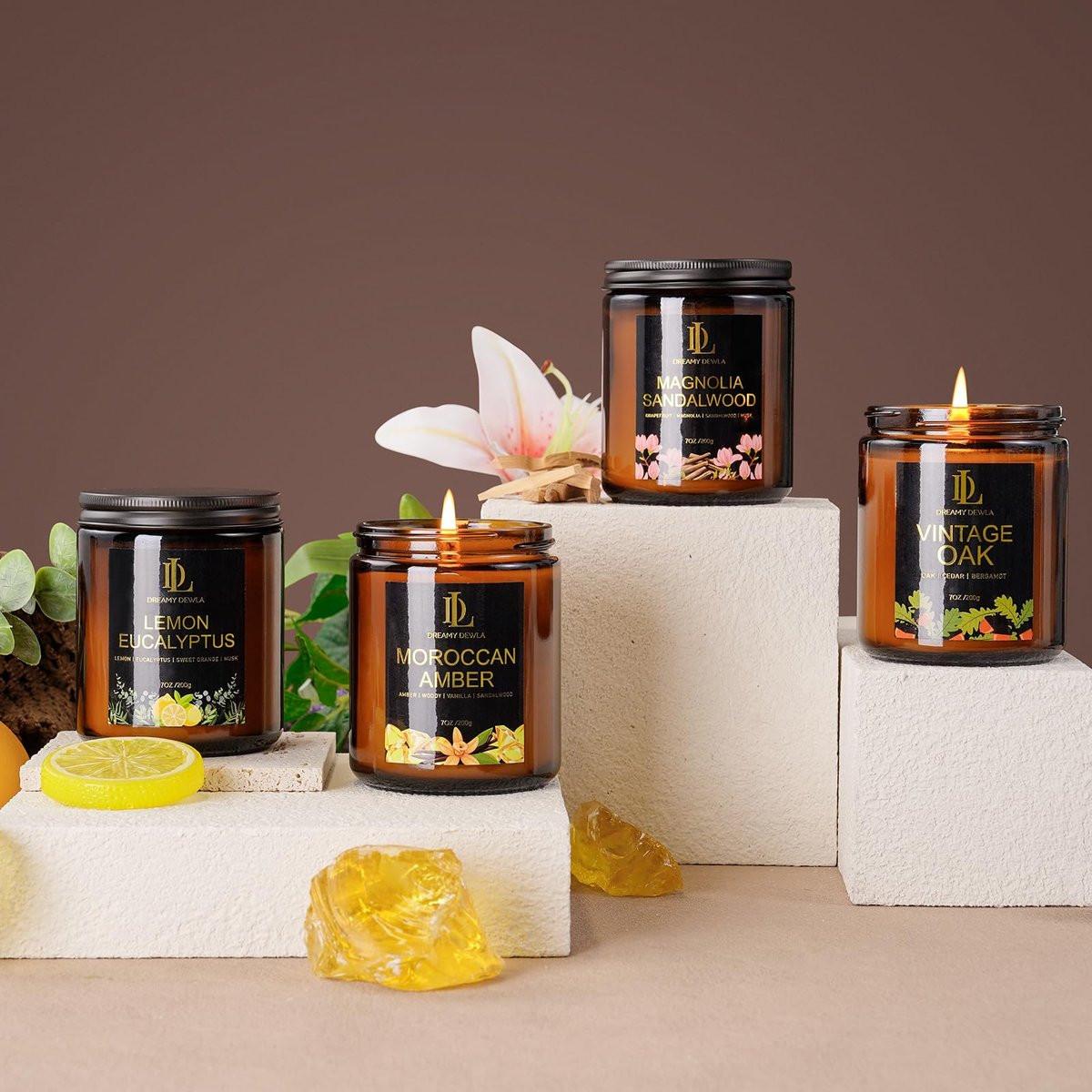 Magnolie & Sandelholz Duftkerzen, Sojakerze für Zuhause, Amber-Glas-Kerzen Geschenke für Männer und Frauen, 7oz