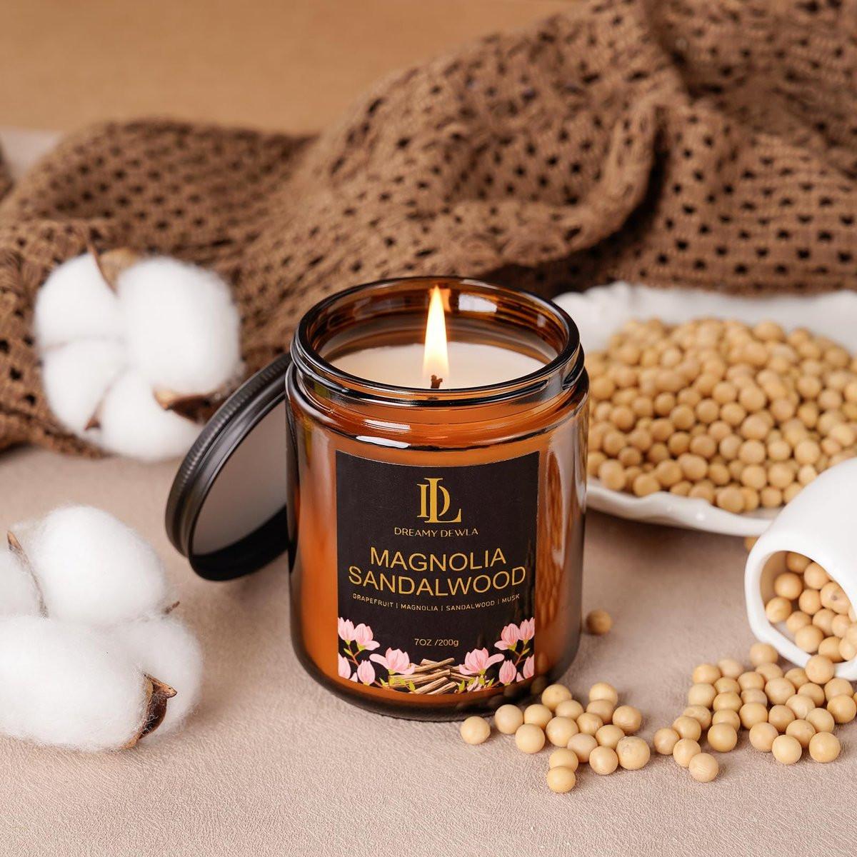 Magnolie & Sandelholz Duftkerzen, Sojakerze für Zuhause, Amber-Glas-Kerzen Geschenke für Männer und Frauen, 7oz