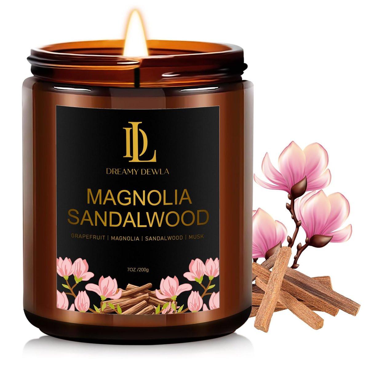 Magnolie & Sandelholz Duftkerzen, Sojakerze für Zuhause, Amber-Glas-Kerzen Geschenke für Männer und Frauen, 7oz