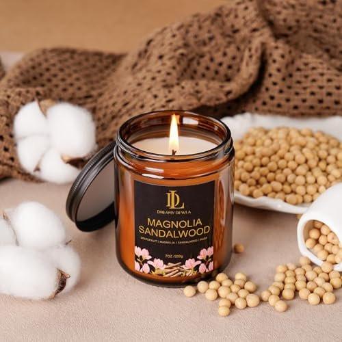 Magnolie & Sandelholz Duftkerzen, Sojakerze für Zuhause, Amber-Glas-Kerzen Geschenke für Männer und Frauen, 7oz