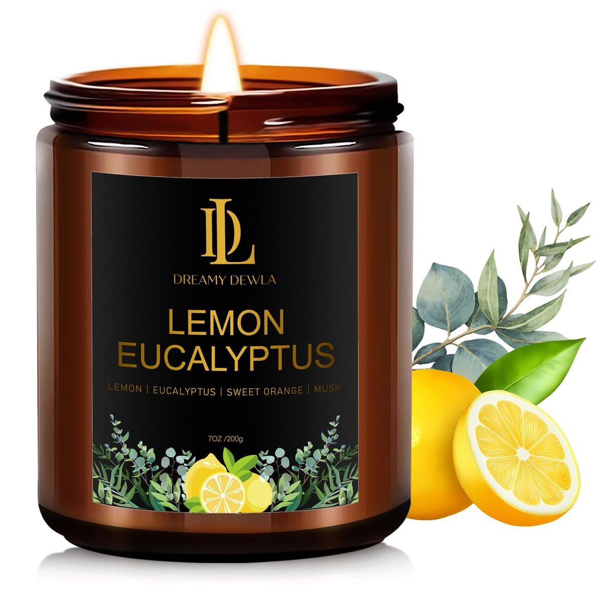 Zitronen-Eukalyptus Duftkerze, Sojakerze für Zuhause, Amber Glas Kerze Geschenk für Damen Herren, 7oz