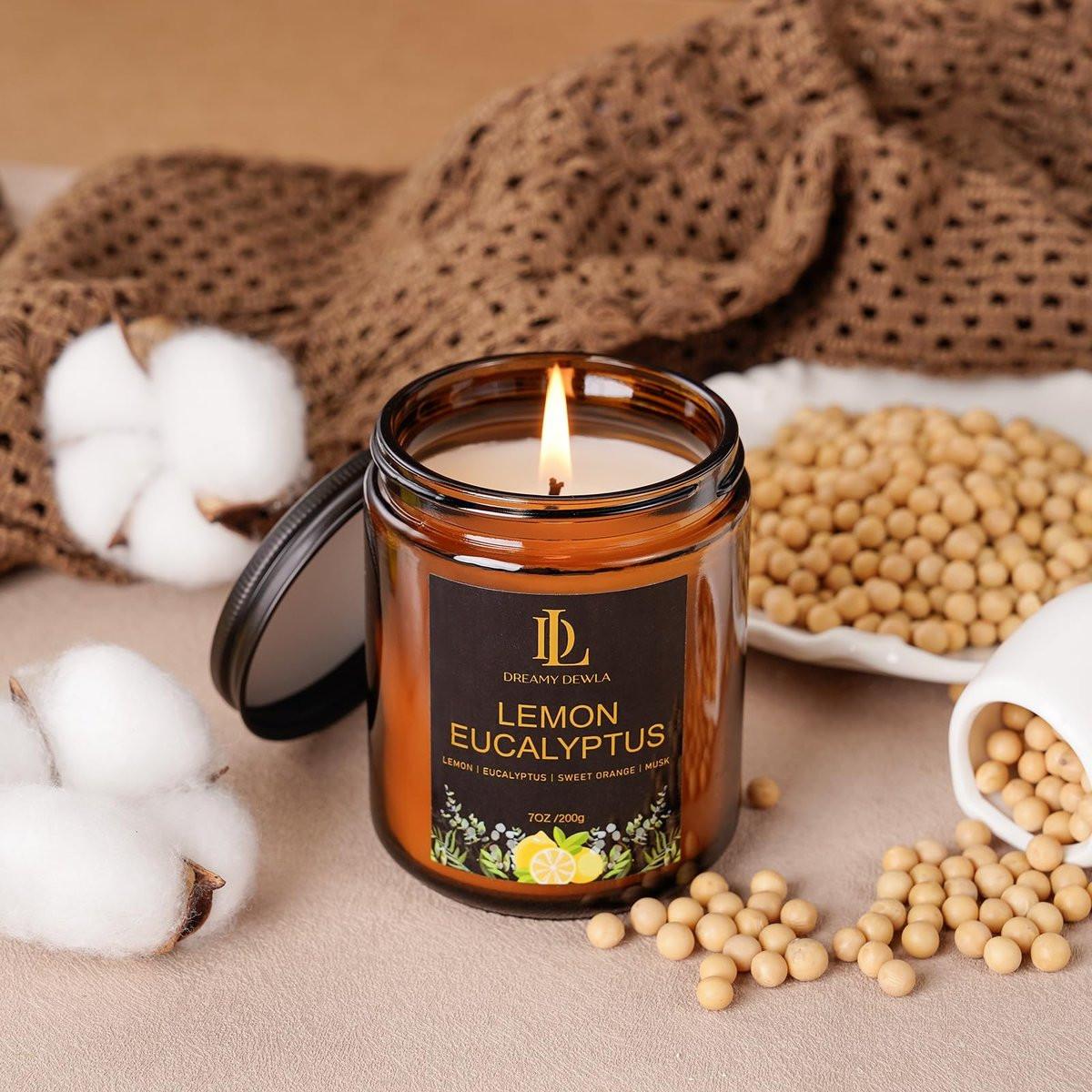 Zitronen-Eukalyptus Duftkerze, Sojakerze für Zuhause, Amber Glas Kerze Geschenk für Damen Herren, 7oz