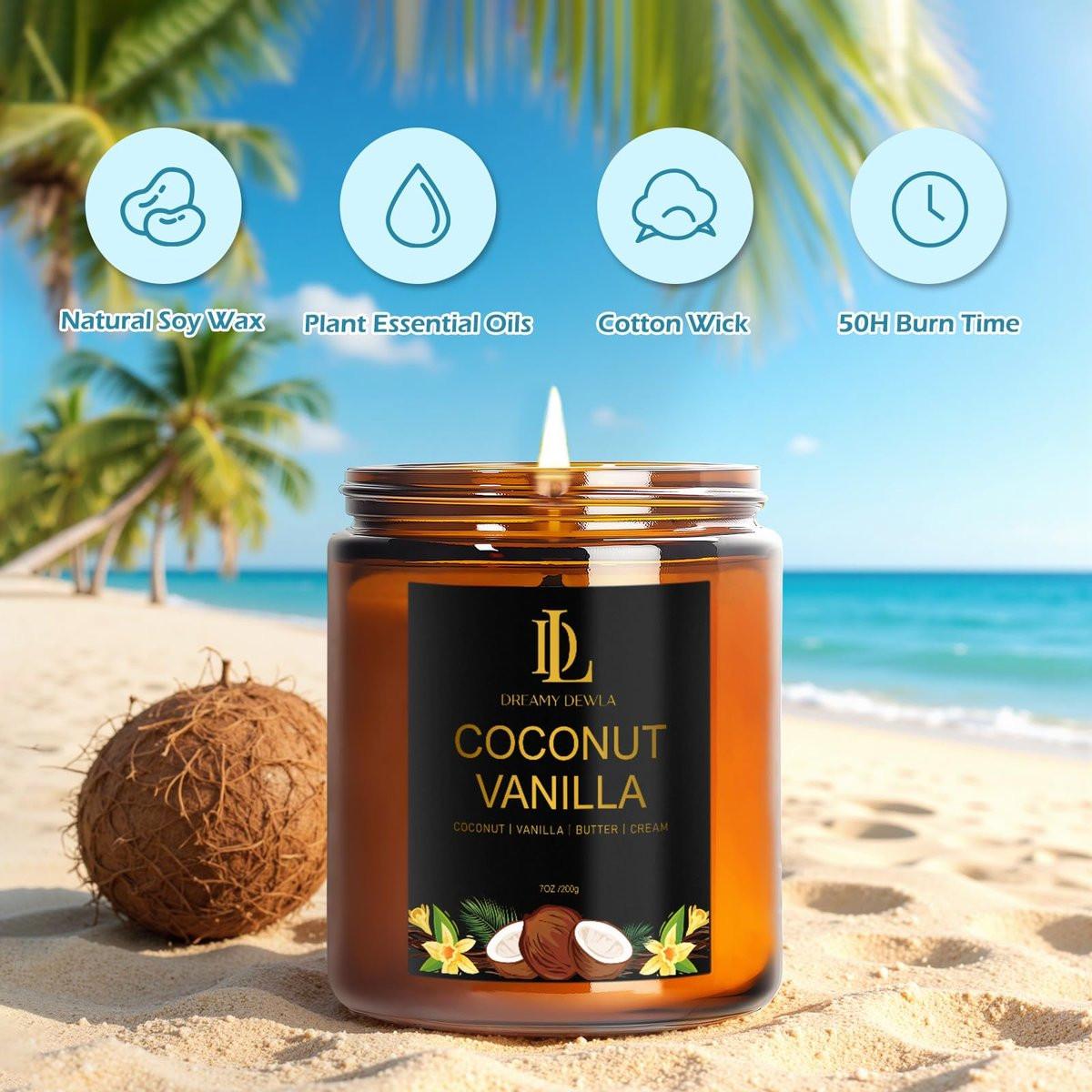 Coconut Vanilla Kerzen, 7 oz Vanille Kokos Duftkerze, Natürliche Sojakerzen für Zuhause, Lange Brenndauer 50 Stunden, Geschenk für Männer Frauen