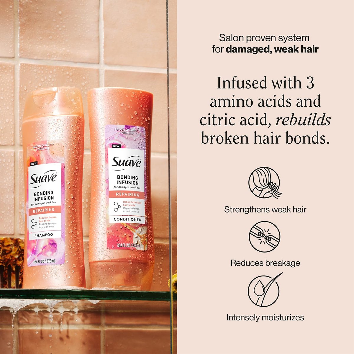 Suave Shampoo und Conditioner Set, Bonding Infusion, Restorative Behandlung für trockenes, geschädigtes Haar, 12,6 Oz je