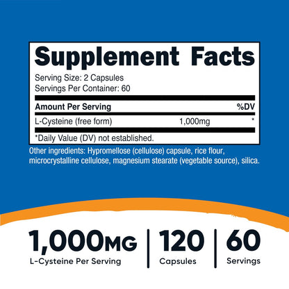 Nutricost L-Cystein 1000mg, 120 Kapseln - Non-GMO, glutenfrei, 500mg pro Kapsel