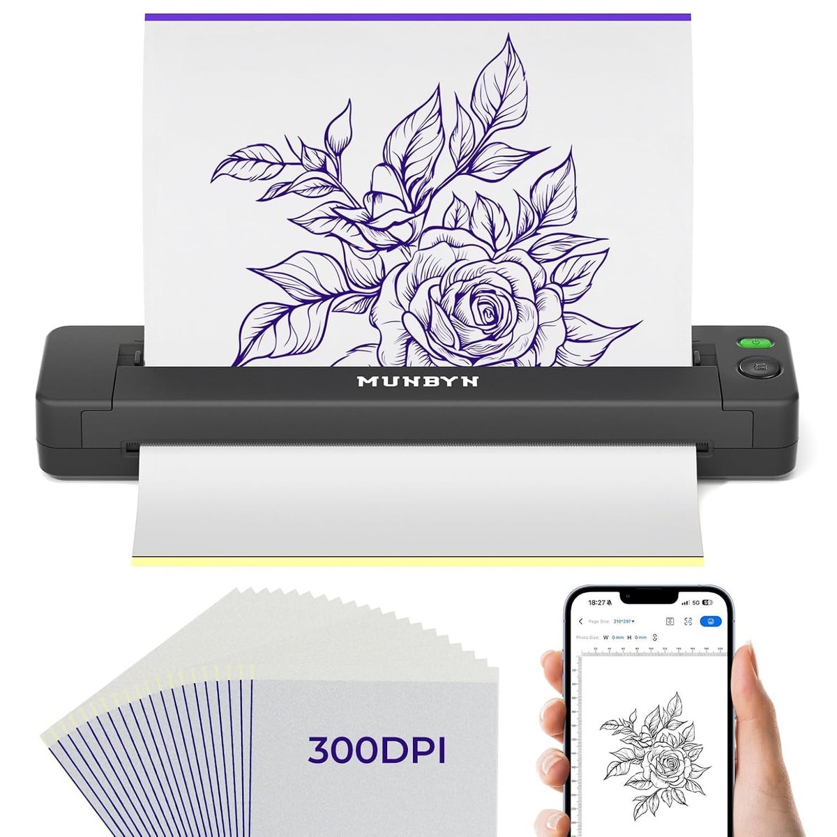 MUNBYN Tattoo Stencil Printer ITP06 – 300 DPI Drahtloser Thermischer Tattoo-Drucker mit 20 Transferpapieren, Kompatibel mit Smartphone & PC für Tattoo-Künstler & Anfänger