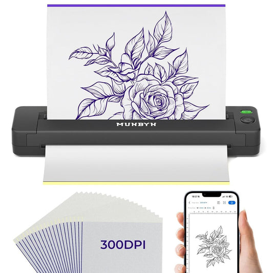 MUNBYN Tattoo Stencil Printer ITP06 – 300 DPI Drahtloser Thermischer Tattoo-Drucker mit 20 Transferpapieren, Kompatibel mit Smartphone & PC für Tattoo-Künstler & Anfänger
