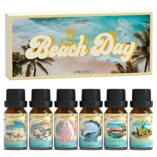 SALUBRITO Beach Fragrance Öle Set – Sommerliche Duftöle für Diffuser, Kerzen- und Seifenherstellung – Beachy Breeze, Sea Salt, Pink Island, Ocean Air, Island Time, Mint Mojito