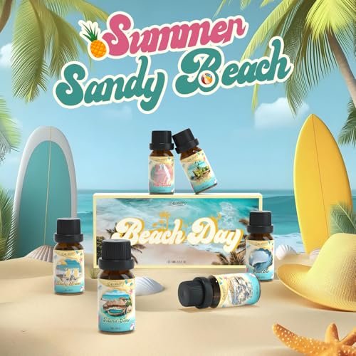 SALUBRITO Beach Fragrance Öle Set – Sommerliche Duftöle für Diffuser, Kerzen- und Seifenherstellung – Beachy Breeze, Sea Salt, Pink Island, Ocean Air, Island Time, Mint Mojito