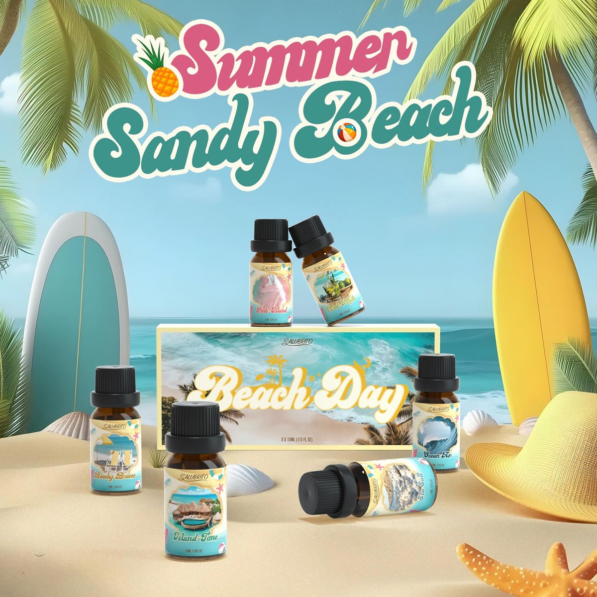 SALUBRITO Beach Fragrance Öle Set – Sommerliche Duftöle für Diffuser, Kerzen- und Seifenherstellung – Beachy Breeze, Sea Salt, Pink Island, Ocean Air, Island Time, Mint Mojito