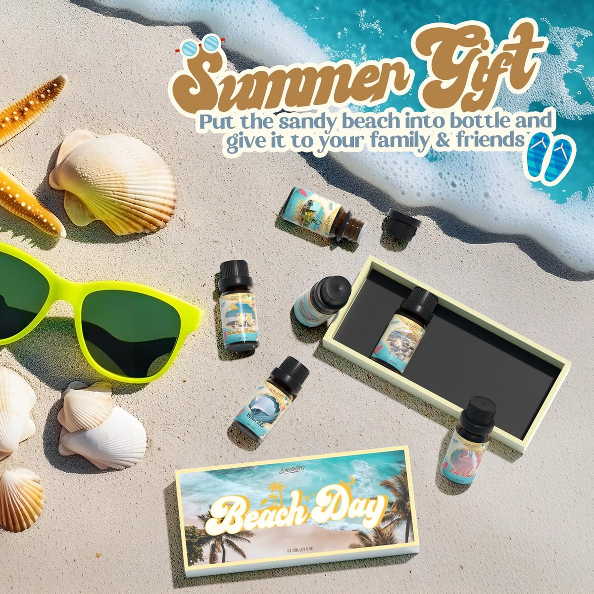 SALUBRITO Beach Fragrance Öle Set – Sommerliche Duftöle für Diffuser, Kerzen- und Seifenherstellung – Beachy Breeze, Sea Salt, Pink Island, Ocean Air, Island Time, Mint Mojito