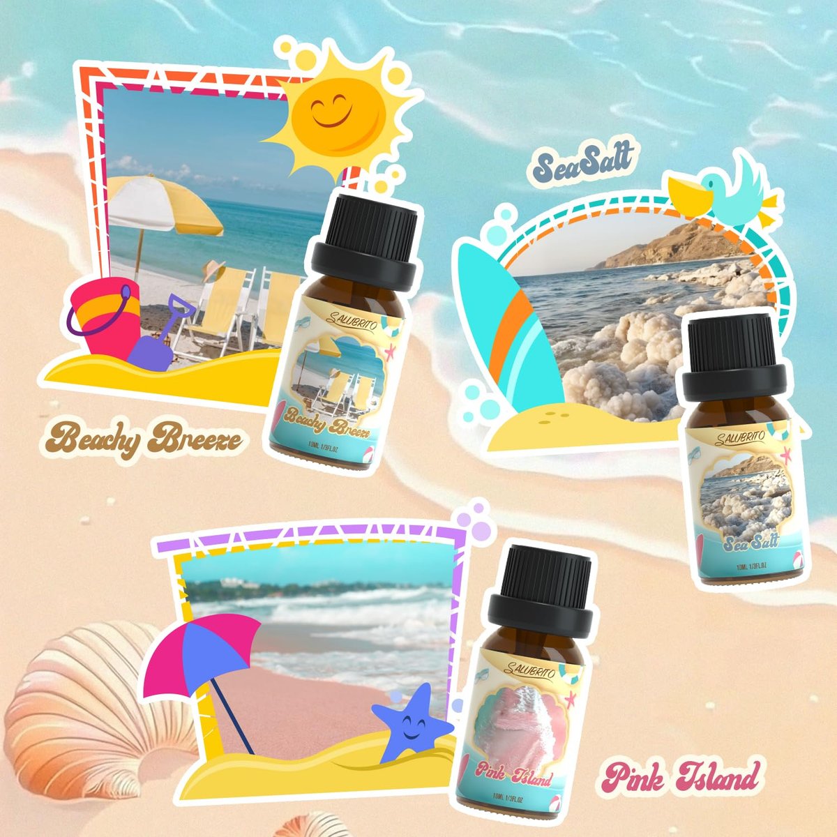 SALUBRITO Beach Fragrance Öle Set – Sommerliche Duftöle für Diffuser, Kerzen- und Seifenherstellung – Beachy Breeze, Sea Salt, Pink Island, Ocean Air, Island Time, Mint Mojito