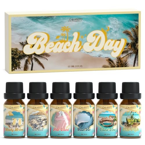 SALUBRITO Beach Fragrance Öle Set – Sommerliche Duftöle für Diffuser, Kerzen- und Seifenherstellung – Beachy Breeze, Sea Salt, Pink Island, Ocean Air, Island Time, Mint Mojito