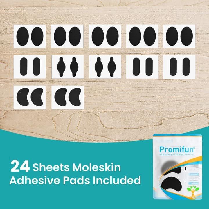 Promifun Moleskin Streifen mit Klebstoff Blasenprävention Pads Molke Haut Aufkleber für Füße Ferse Schuhe Polsterung - 24 Blatt in 4 Formen, Schwarz