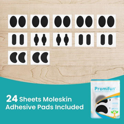 Promifun Moleskin Streifen mit Klebstoff Blasenprävention Pads Molke Haut Aufkleber für Füße Ferse Schuhe Polsterung - 24 Blatt in 4 Formen, Schwarz