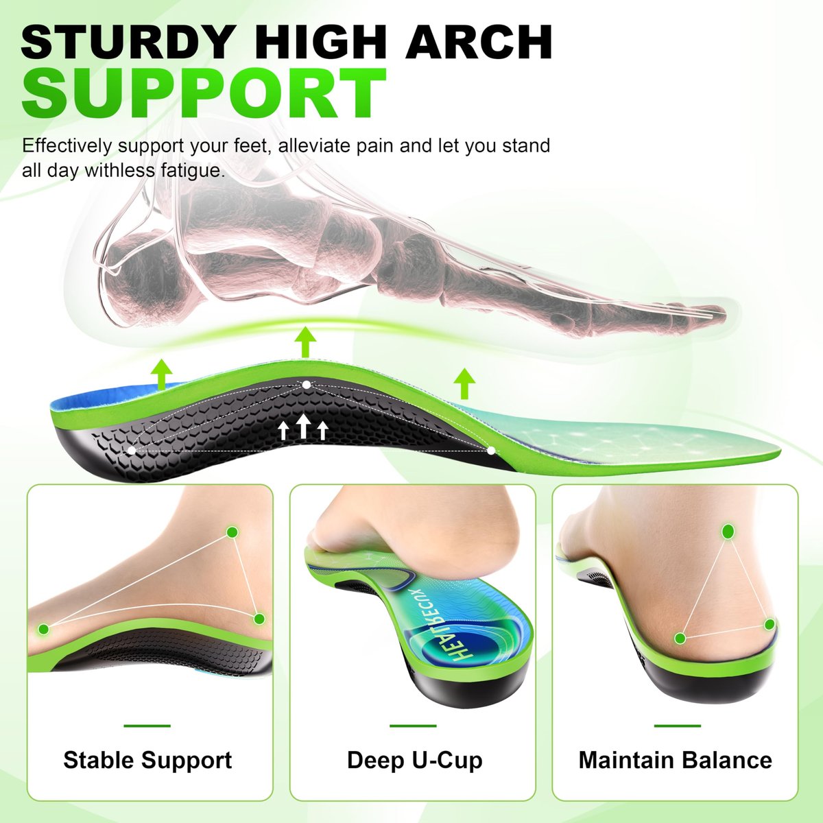 Healrecux Plantar Fasciitis Einlegesohlen für Damen und Herren – Hochbelastbare Fußgewölbestützen für Schmerzlinderung, Arbeitsstiefel Orthotics Einlegesohlen für ganztägiges Stehen, Größe L