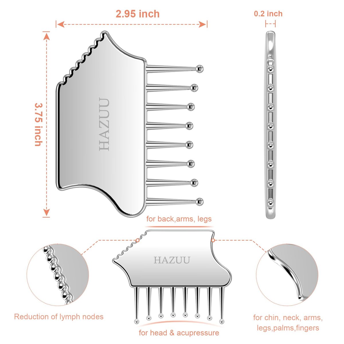 HAZUU Tragbarer Edelstahl-Kopfhautmassager - Guasha-Schabewerkzeug für Kopf, Nacken, Schultern, Beine & Arme - Ideal zur beruhigenden Entspannung (Kammform)