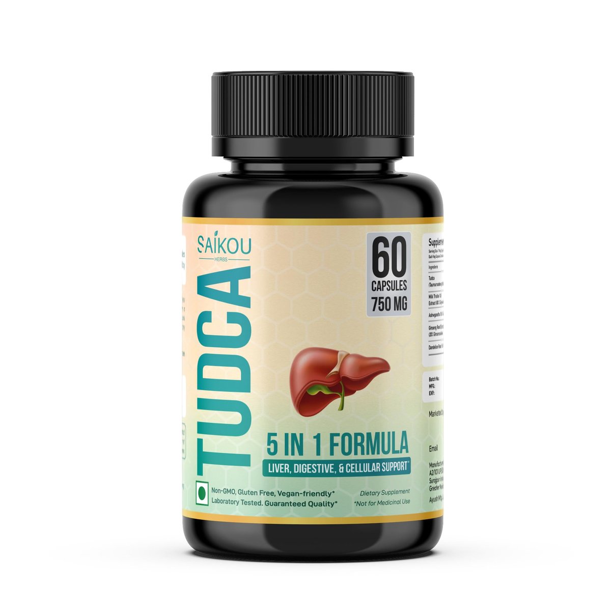 SAIKOU HERBS TUDCA 750mg - 5-in-1 mit Mariendistel, Ashwagandha, Löwenzahn und Ginseng - 60 Portionen