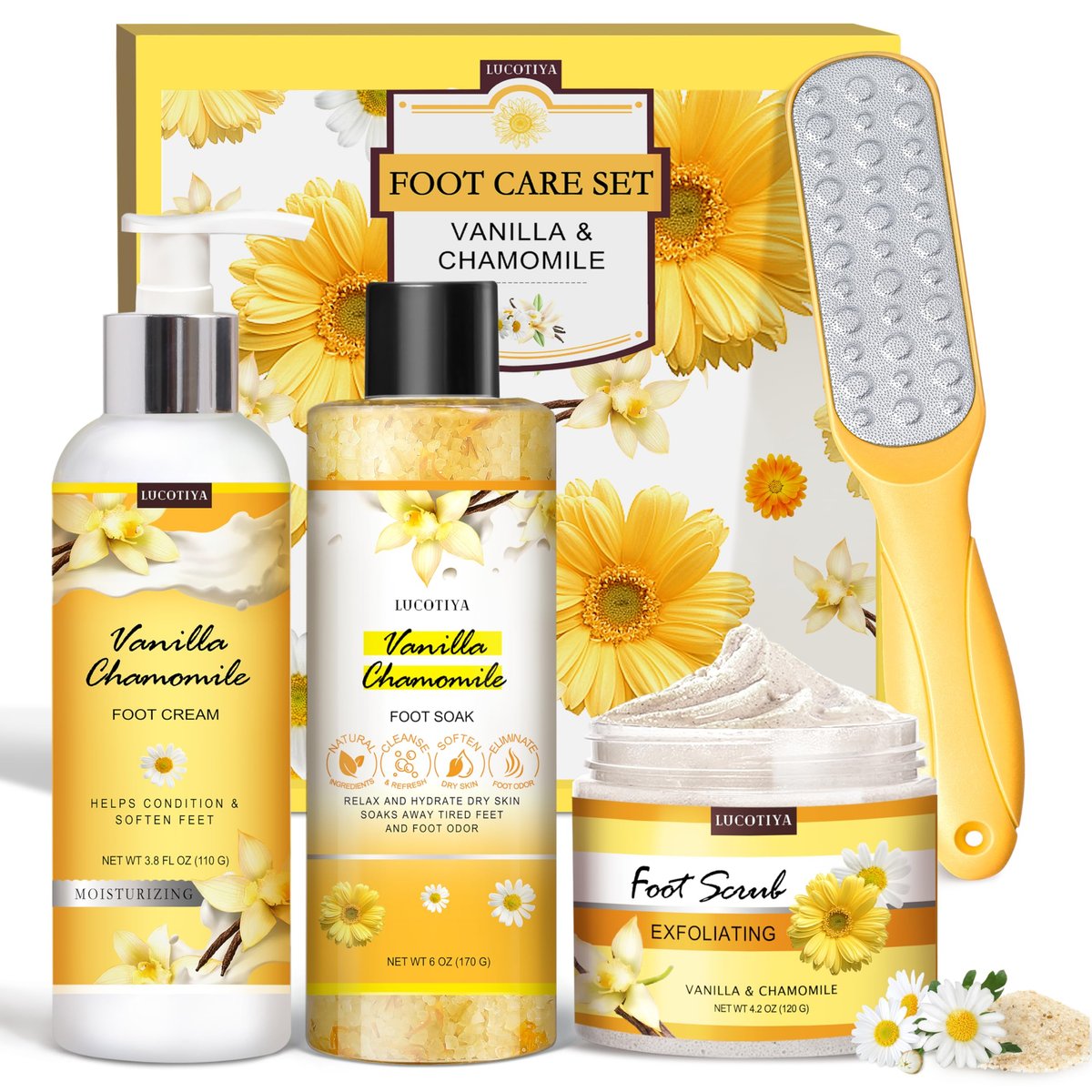 LUCOTIYA Fußbad Set Pediküre-Set mit Vanille-Kamille Badesalz, Feile, Peeling & Urea-Creme – Pediküre-Zubehör für trockene, rissige Füße für Damen