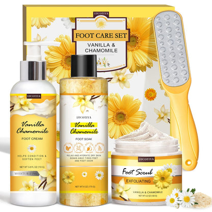 LUCOTIYA Fußbad Set Pediküre-Set mit Vanille-Kamille Badesalz, Feile, Peeling & Urea-Creme – Pediküre-Zubehör für trockene, rissige Füße für Damen