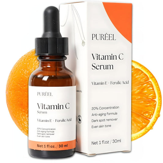 Puréel 20% Vitamin C Serum für das Gesicht – Aufhellendes Serum mit Vitamin E & Ferulinsäure – Anti-Aging, Dunkle Flecken entfernen, Gleichmäßiger Hautton, Faltenreduzierung & Strahlender Glanz – 30 ml